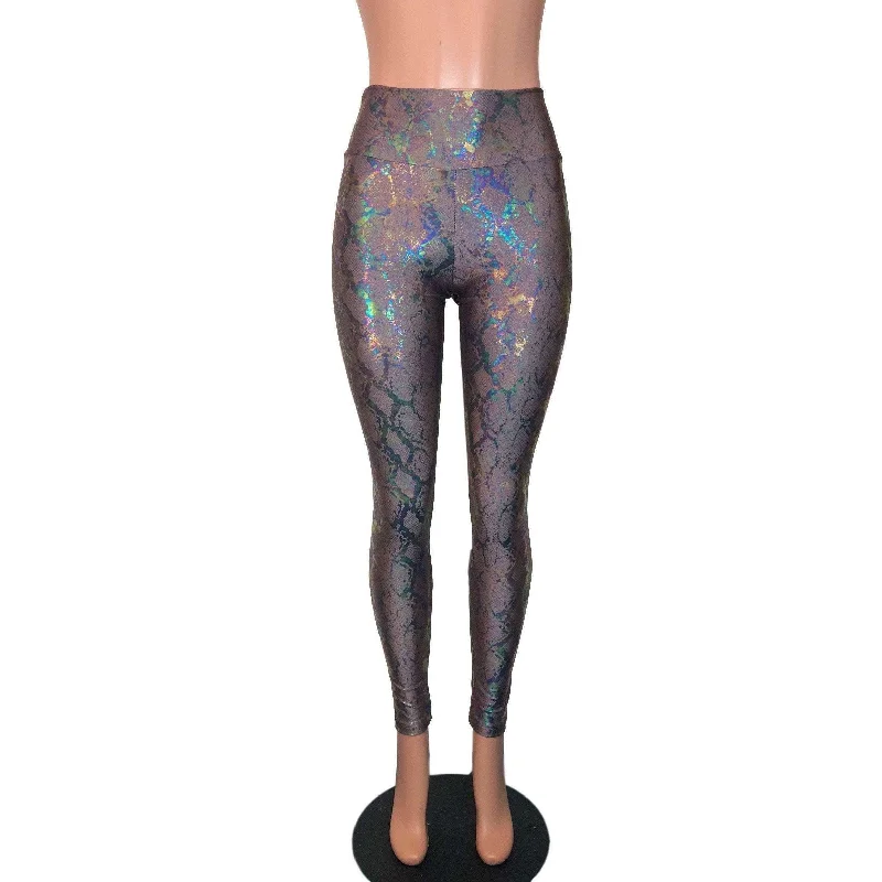 SALE - SMALL ONLY - Mauve Snakeskin Holo Holographic High Waisted Leggings Pants Comfortable Leggings with Pockets