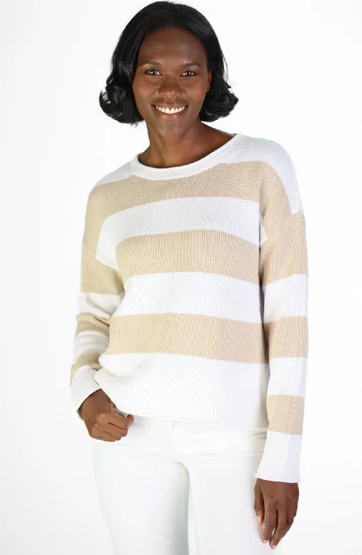 Tan & White Stripe Drop Shoulder Sweater Embroidered Appliqued Beaded