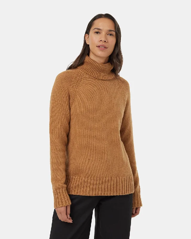 Women's Highline Wool Turtleneck Sweater - Camel Heather Seamless Knitted Crochet