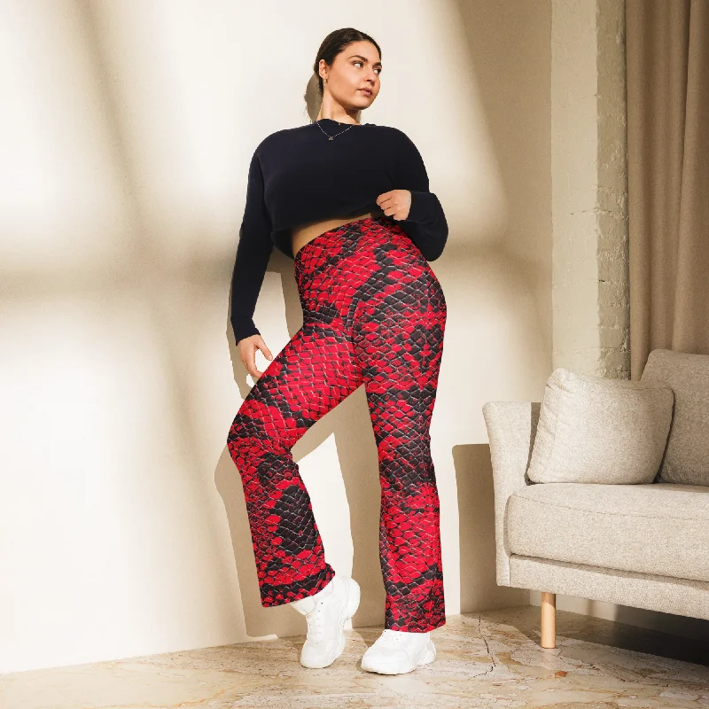 Trendy Red Snakeskin Flare Leggings, lioness-love Comfortable Full-Body Compression Leggings