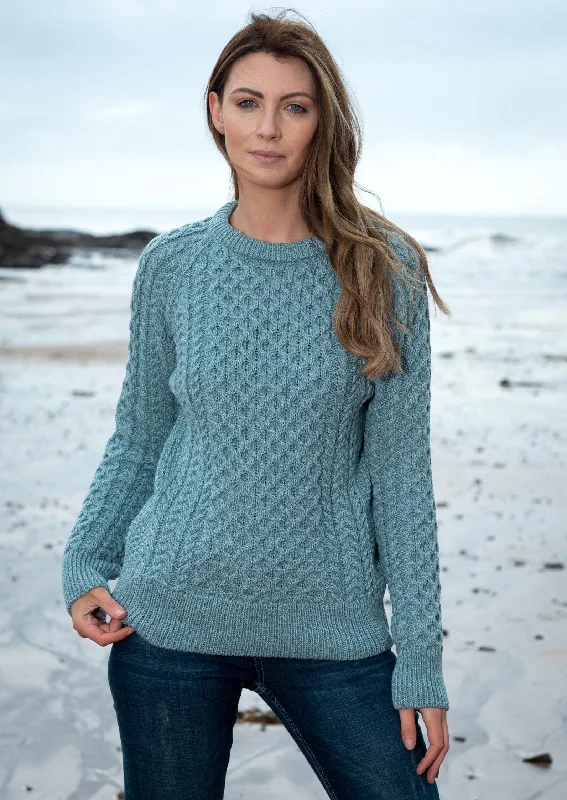 Ladies Slim-Fit Aran Sweater | Aqua Graphic Sweater Embroidered Appliqued