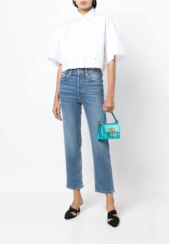 70S Stove Pipe Straight Jeans In Faded Blue Trendy Wide-Leg High-Waist Denim