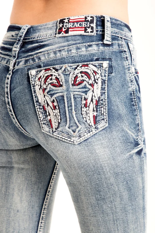 Cross Wings Bootcut Embellished Mid Rise Jeans Trendy Acid Wash Skinny Jeans