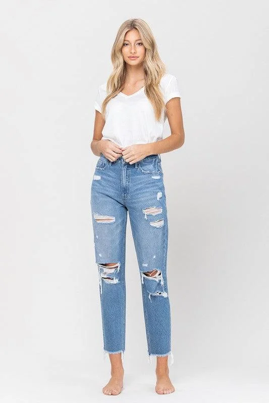 Vervet by Flying Monkey Distressed Raw Hem Mom Jeans Casual Wide-Legged Denim Jeans