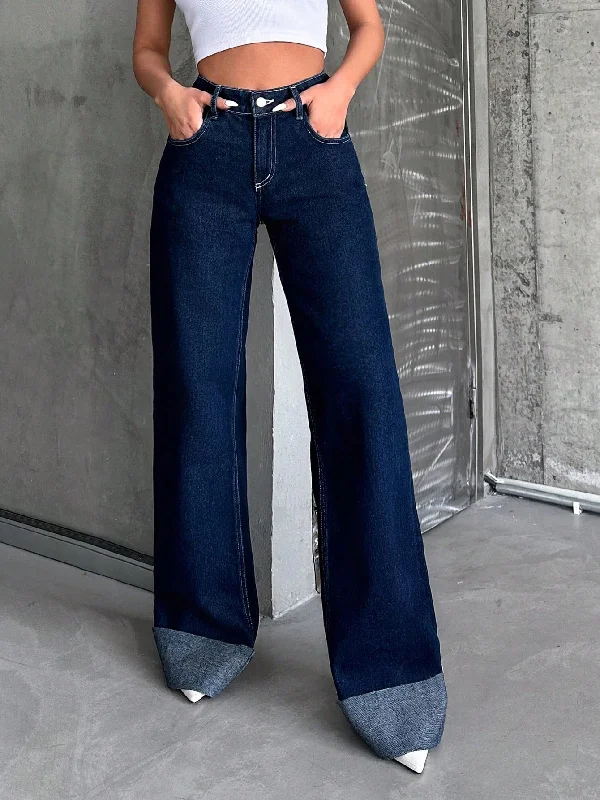 Eclipse Blue Rolled-Up Super Wide Leg Jeans Trendy Low-Rise Bootcut Jeans