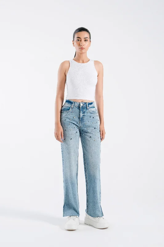 Straight Leg Jeans With Rhinestones Stylish High-Waisted Denim