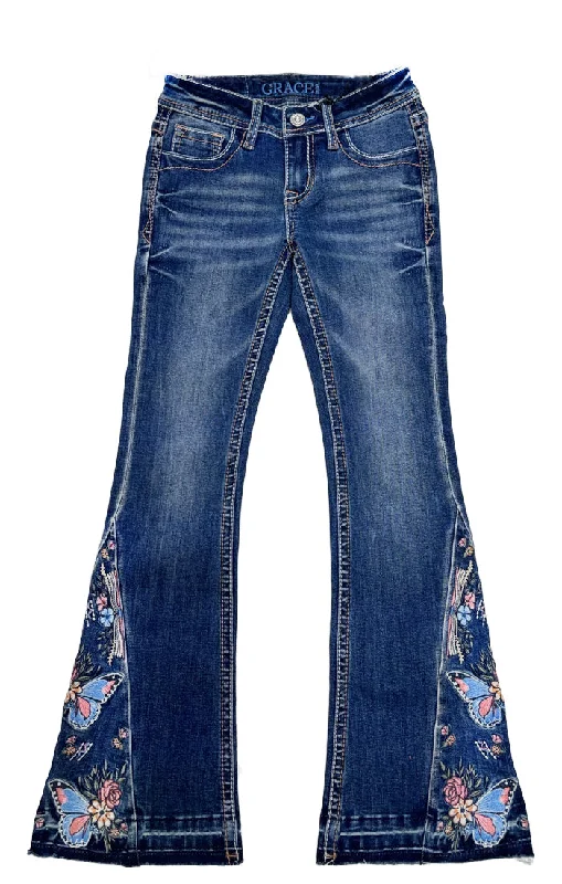 Butterflies Floral Embroidery on Hem Boho Girls Flare Jeans Fashionable Cropped Denim Jeans