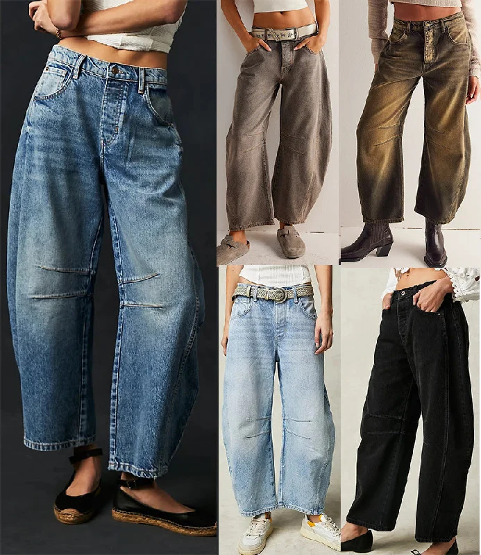 High Stretch Mid-Rise Barrel Jeans Fashion Wide Leg Shape Women Casual Baggy Mid Waist Denim Jeans Comfortable Full-Length Denim Jeans