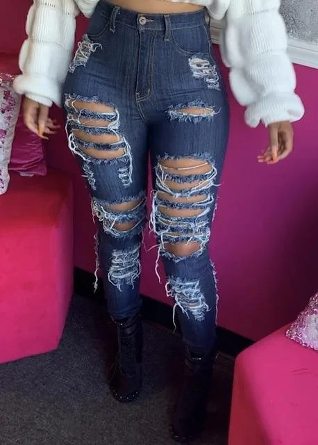 High Waist Ripped Jeans - Women's Pants Trendy Vintage Denim Jeans