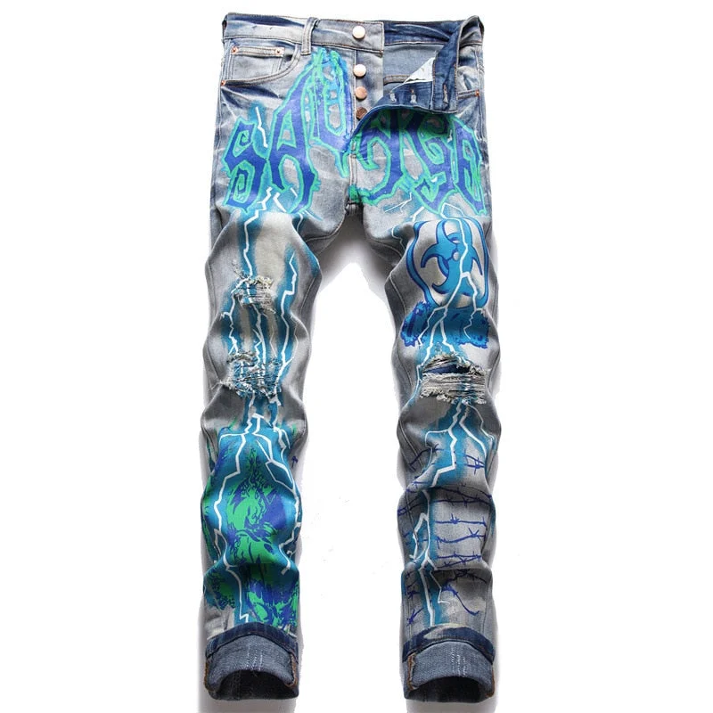 Men's Vintage Blue Denim Lightning Painted Ripped Stretch Jeans Pants Comfortable Faded High-Rise Jeans