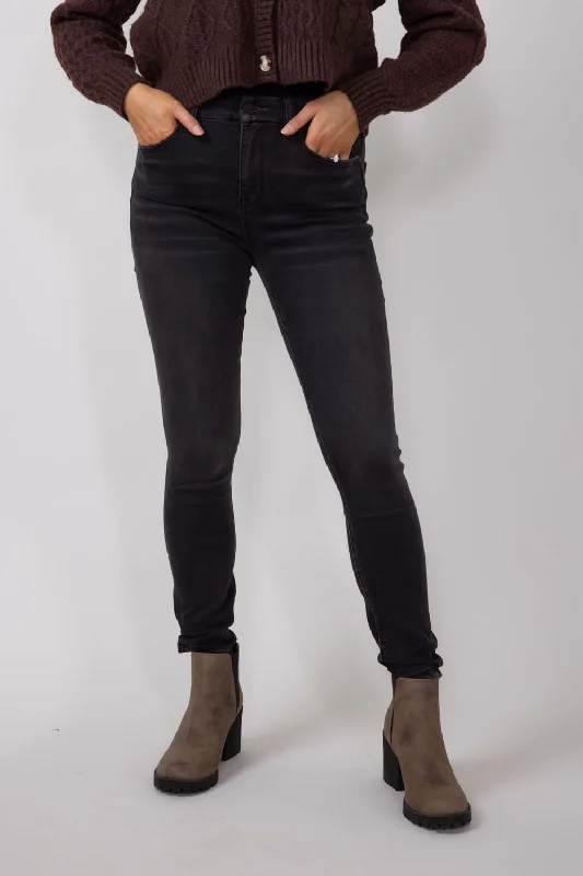 Mica High Rise Distressed Ankle Skinny Jeans for Women in Black | MDP-S1284 Cozy Stretch High-Waist Jeans