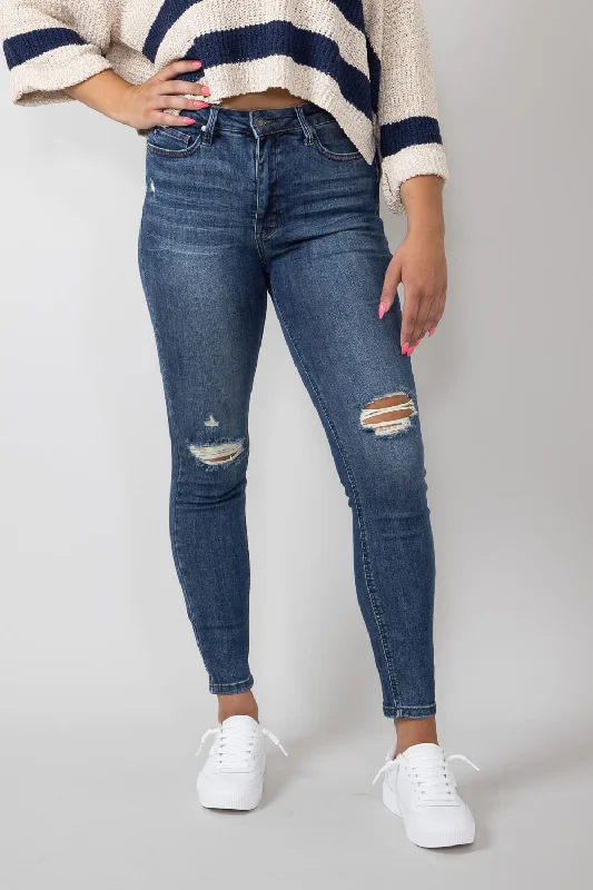 Judy Blue Mid Rise Distressed Knee Skinny Jeans for Women | 88798-DK Trendy Skinny Fit Jeans