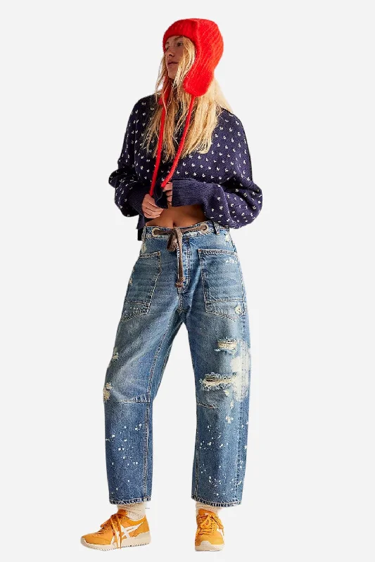 Free People Moxie Pull-On Barrel Jeans in Calypso Stylish Paperbag Waist Denim