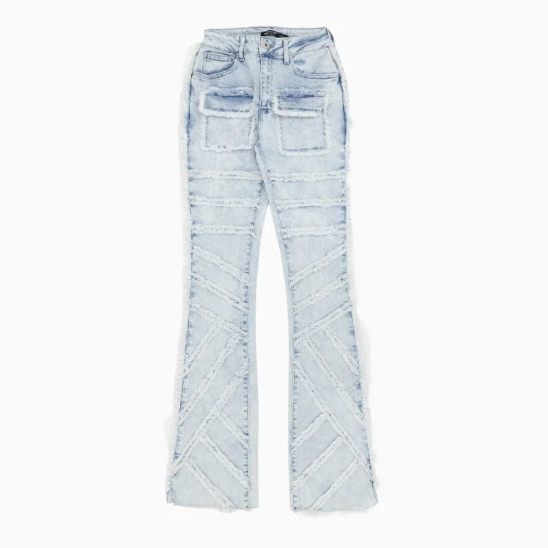 Women's Stacked Frayed Denim Jeans Pant Elegant Bootcut Fit Jeans