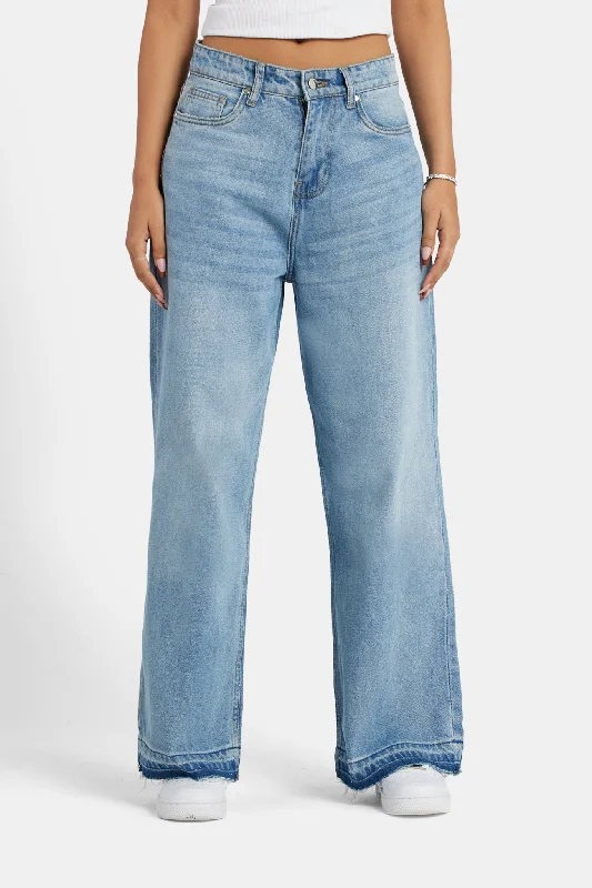 Relaxed Fit Raw Hem Jeans - Light Blue Chic Rolled Cuff Denim Jeans