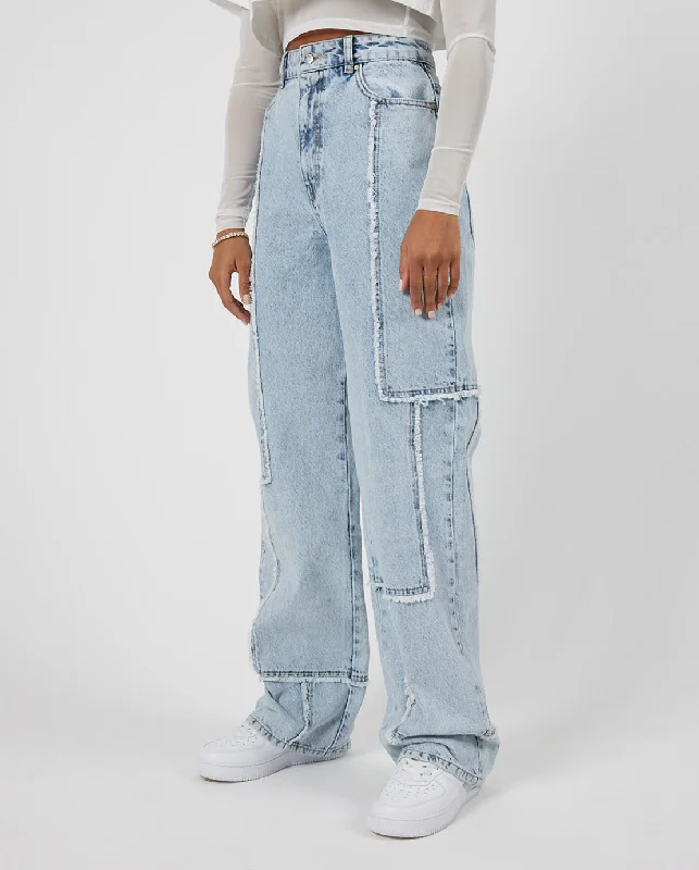 Relaxed Raw Edge Detail Jeans - Ice Blue Trendy Pleated Waist Jeans