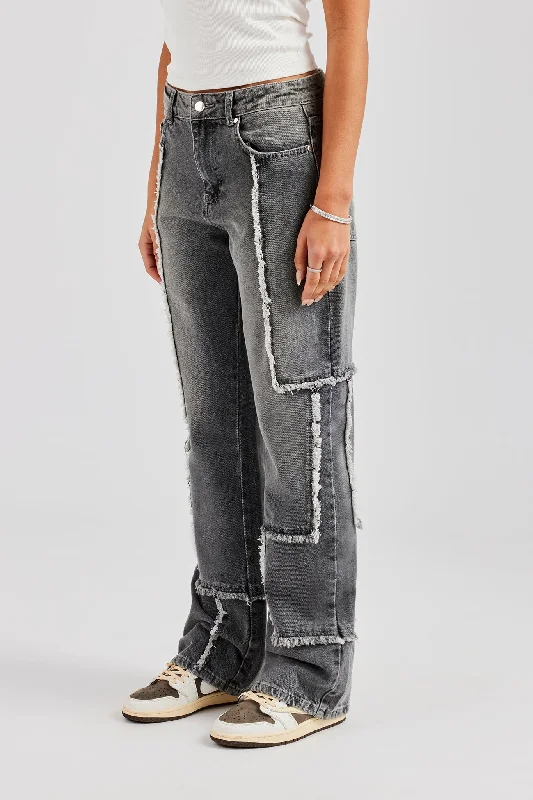 Relaxed Raw Edge Detail Jeans - Washed Grey Elegant Tapered Leg Denim