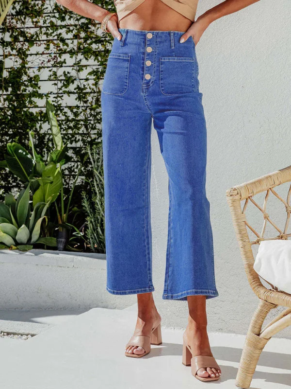 Retro Loose Straight Single-Breasted High-Waist Wide-Leg Jeans Crop Pants Fashionable Frayed Hem Denim