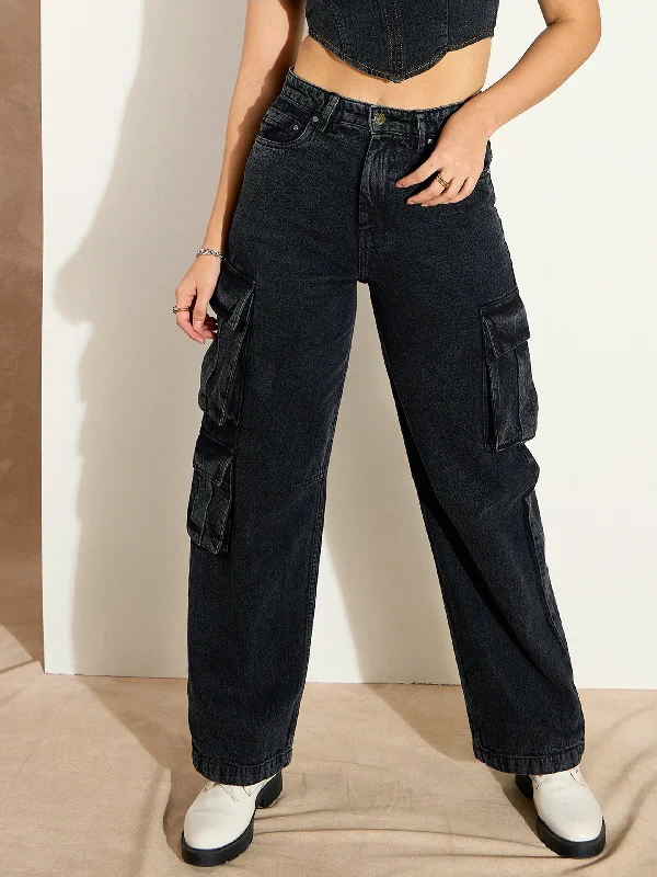 Women Black Washed Denim Cargo Jeans Casual Wide-Legged Denim Jeans