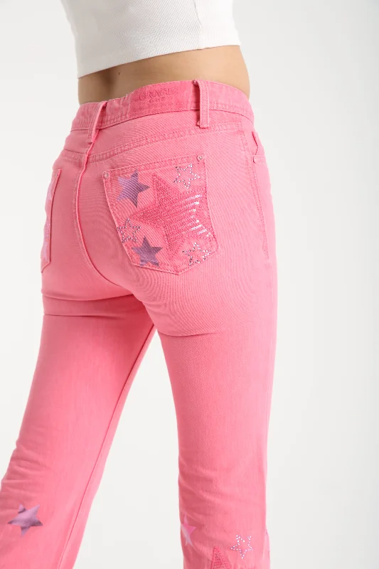 Stars Embroidered Pink High Rise Flare Jeans Cozy Stretch High-Waist Jeans