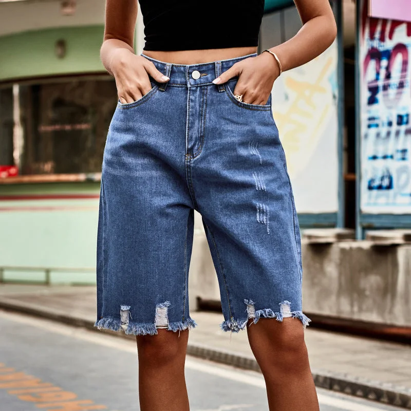 Summer new fashion ripped raw edge fringed five point jeans Trendy Cut-Off Denim Shorts