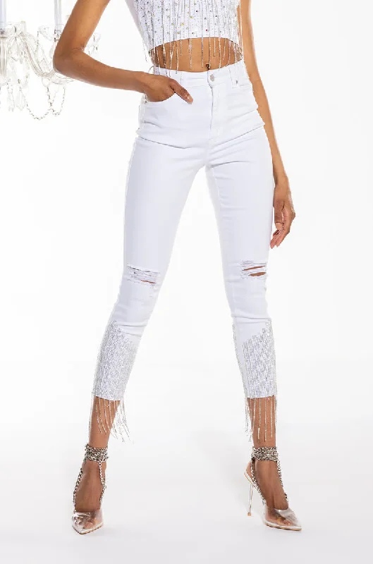 TOO GOOD HIGH WAISTED RHINESTONE FRINGE SKINNY JEANS Chic Rip-Detail High-Waist Jeans