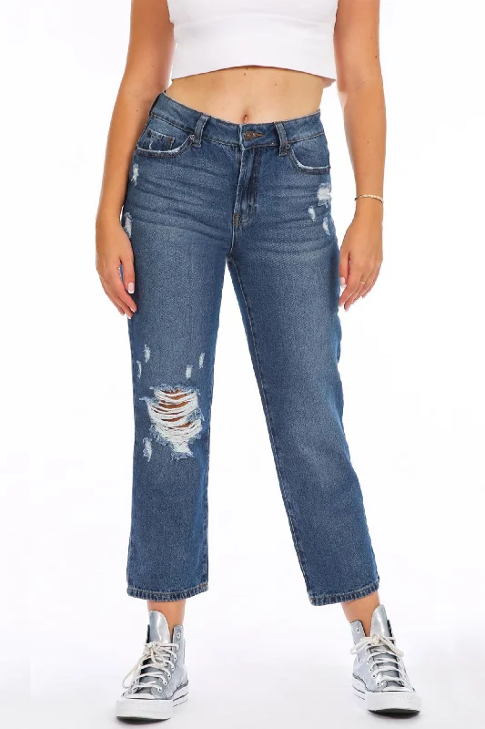 Vintage Reunion High Rise Straight Ankle Jeans - Indigo Shatter Trendy Colored Denim Jeans