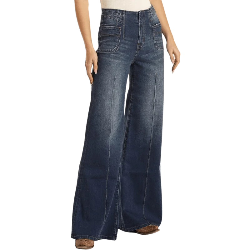 Rock & Roll Cowgirl Women's High Rise Extra Stretch Palazzo Flare Jeans WHF3529 Trendy Layered Pocket Jeans