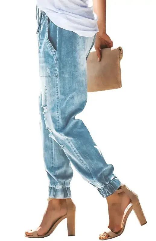 Women's Jeans With Ripped Drawstring Elastic Waist And Washed Fashionable Straight Fit Denim