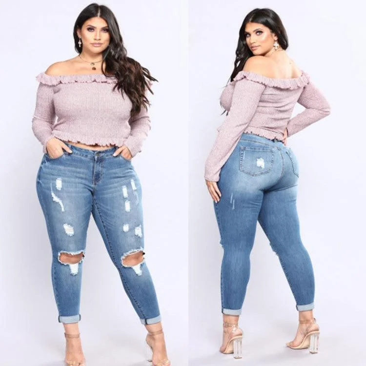 Women's Plus Size Pants - Ripped Jeans Elegant Tapered Leg Denim