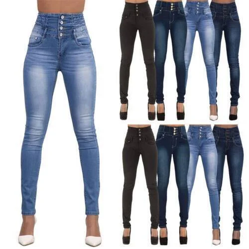 Womens Stretch Jeans Denim Jeggings High Waist Stretchy Skinny Slim Fit Pants UK Trendy Bootcut High-Waisted Jeans